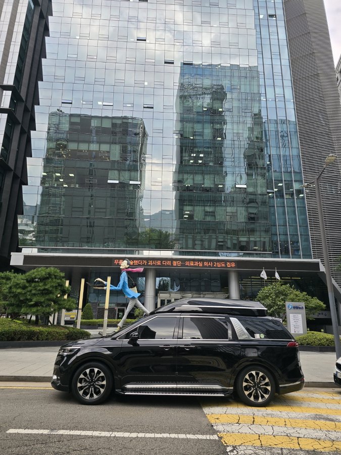 빌딩 앞에 정차한 카니발 리무진 측면